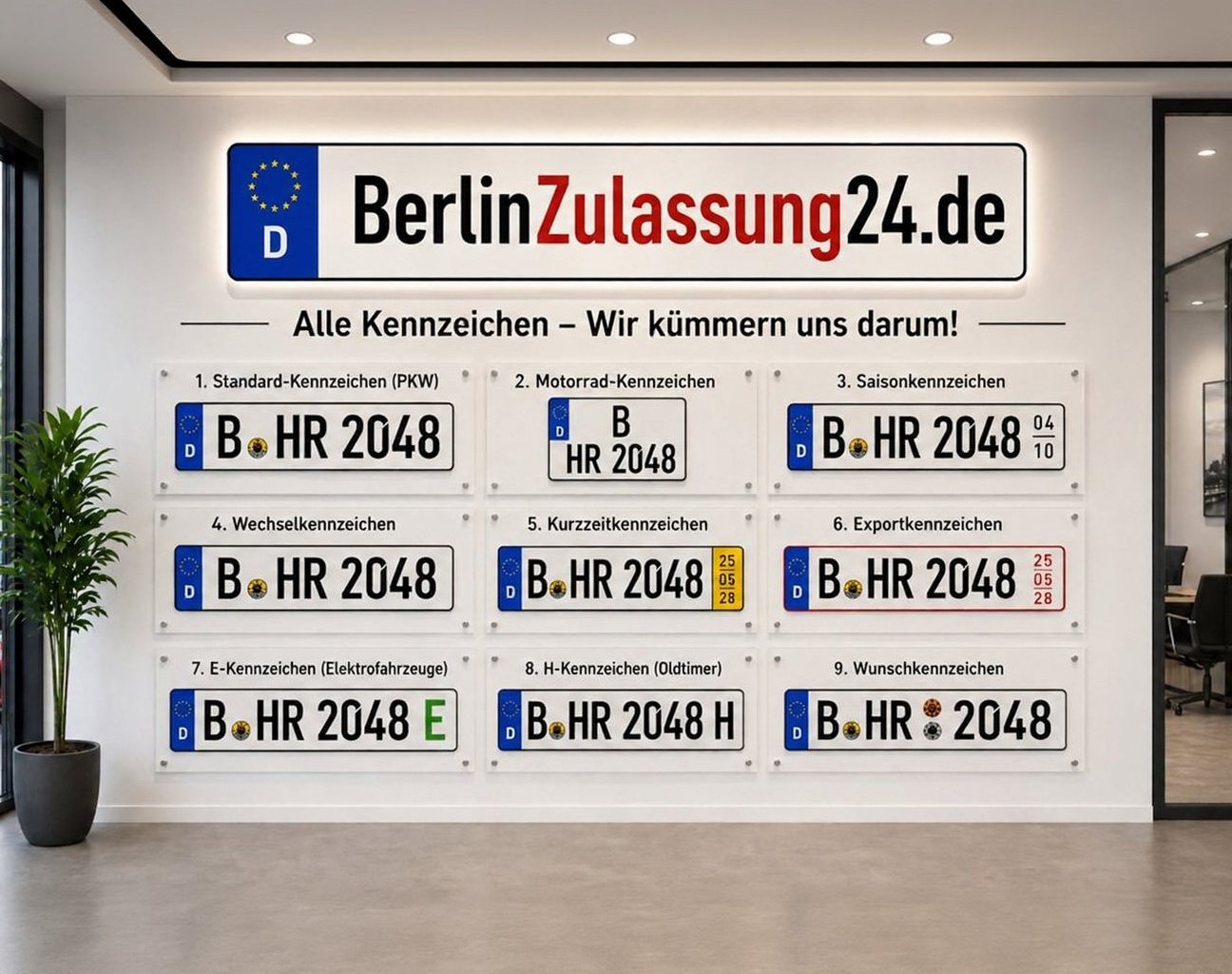 Wand mit allen Kennzeichenarten, von Standard bis Oldtimer