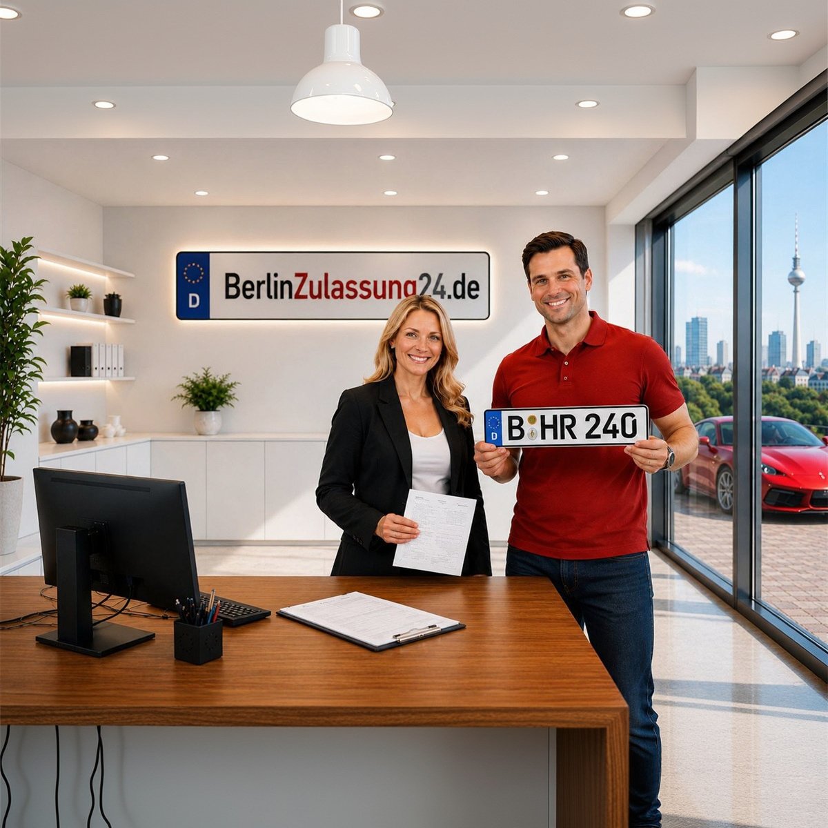 Das Team von BerlinZulassung24.de mit einem Berliner Kennzeichen im Büro am Steglitzer Damm